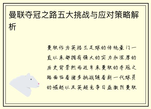 曼联夺冠之路五大挑战与应对策略解析