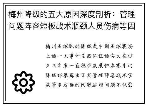 梅州降级的五大原因深度剖析：管理问题阵容短板战术瓶颈人员伤病等因素的综合影响