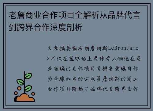 老詹商业合作项目全解析从品牌代言到跨界合作深度剖析