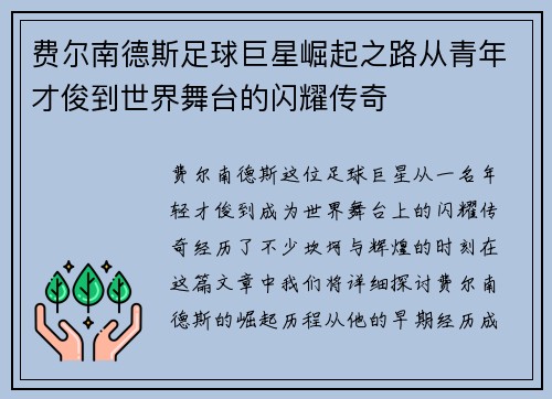 费尔南德斯足球巨星崛起之路从青年才俊到世界舞台的闪耀传奇
