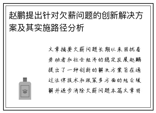 赵鹏提出针对欠薪问题的创新解决方案及其实施路径分析